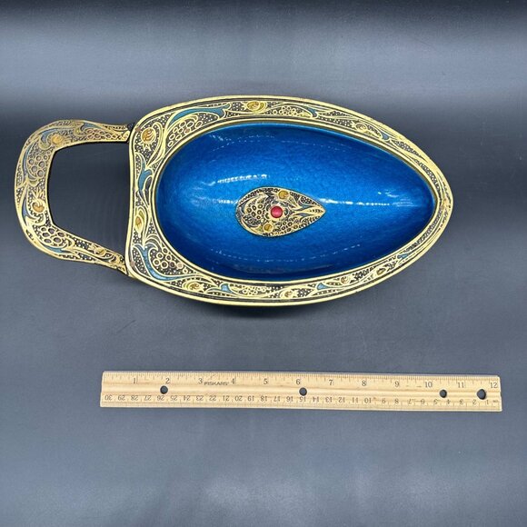 Vintage Brass Enamel Wheelbarrow Trinket Dish Israel Blue Gold Centerpiece Bowl - Picture 11 of 12